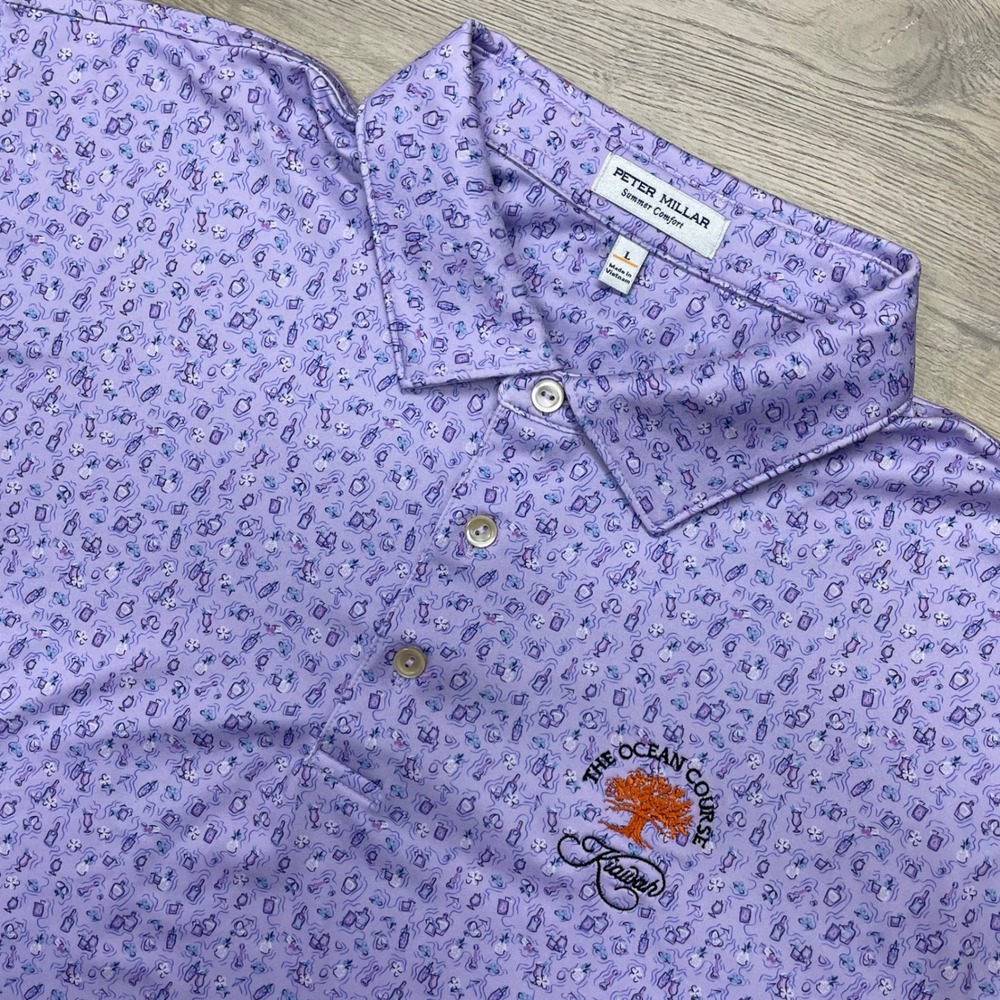 Peter Millar Polo Men L Purple Kiawah Ocean Course Summer Comfort AOP READ